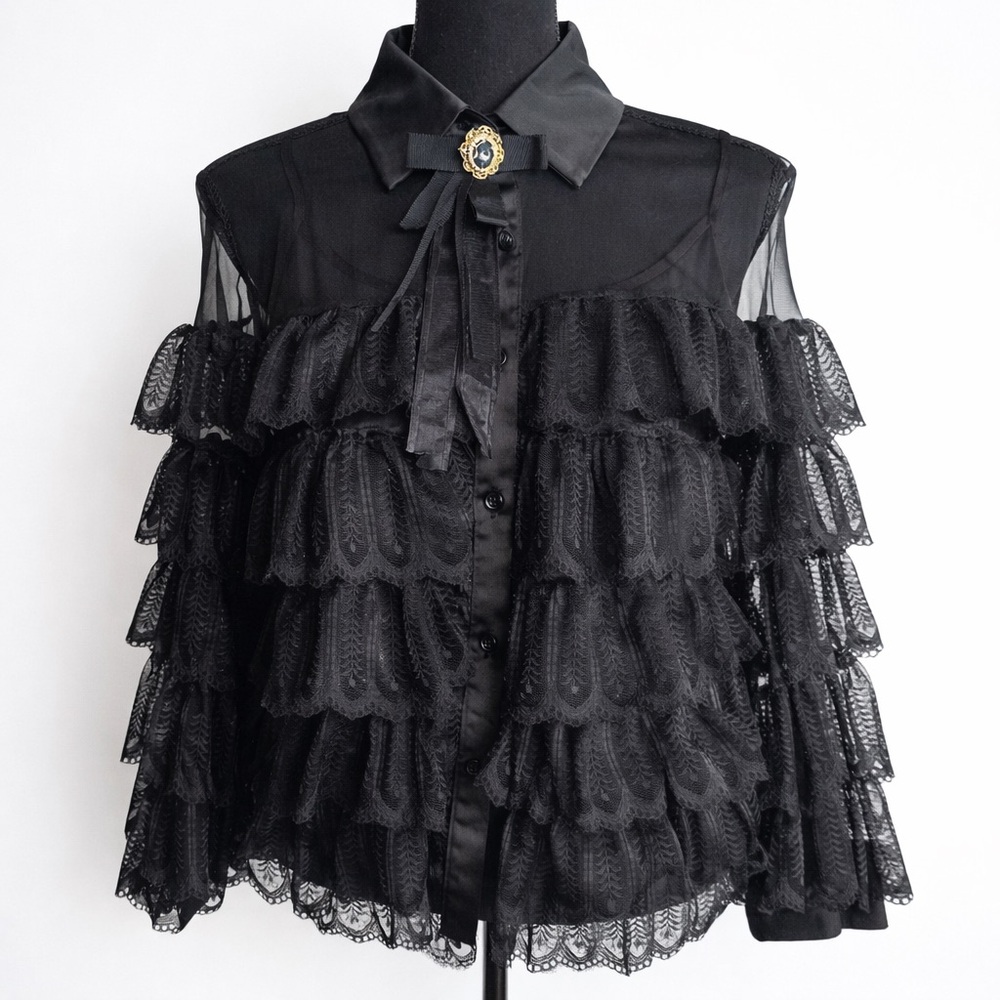 🖤Victorian Gothic Lace Ruffle Blouse | Sheer Black Romantic Tiered Top Size M - Picture 3 of 14